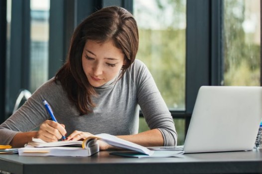 Woman studying with books and laptop